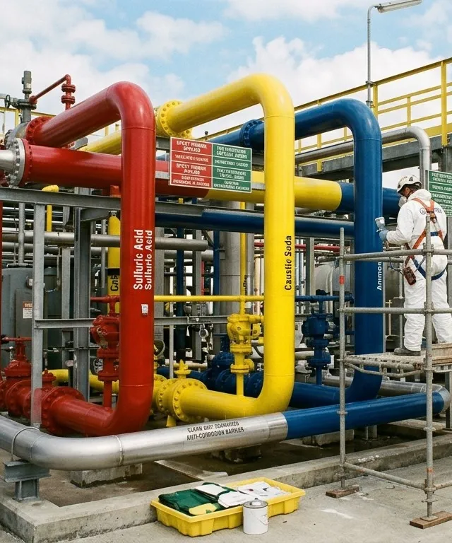 Colour-coded chemical plant pipework with two painters in protective suits