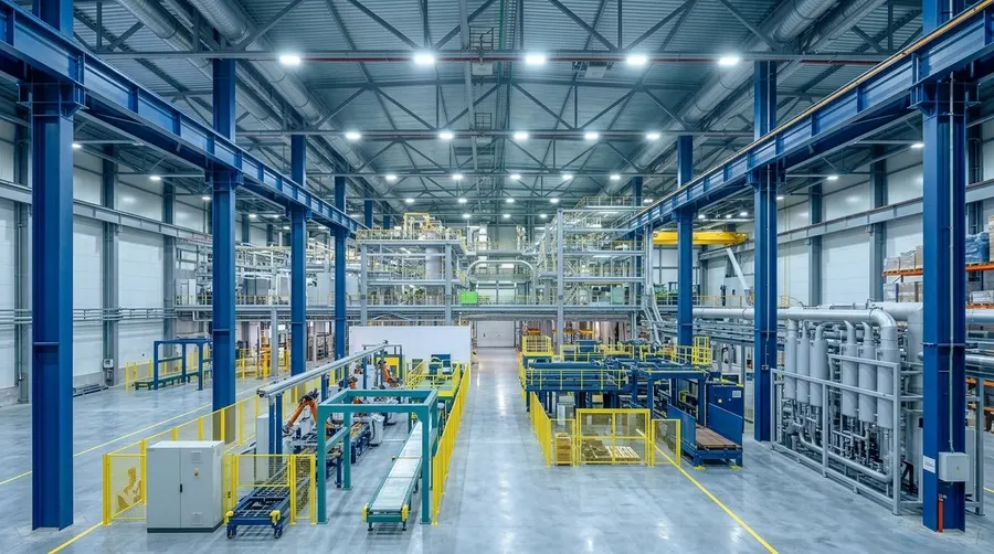 Inside a large manufacturing hall with blue steel columns and production lines