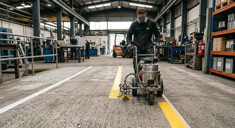 A line marking machine laying a yellow line on a factory floor