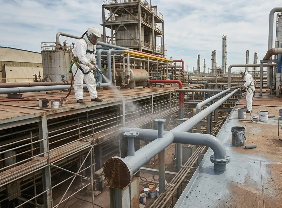 A painter in a white suit spraying grey coating onto industrial pipework on a plant platform