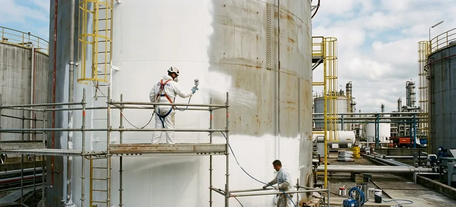 A painter spraying white coating onto a large storage tank from scaffolding