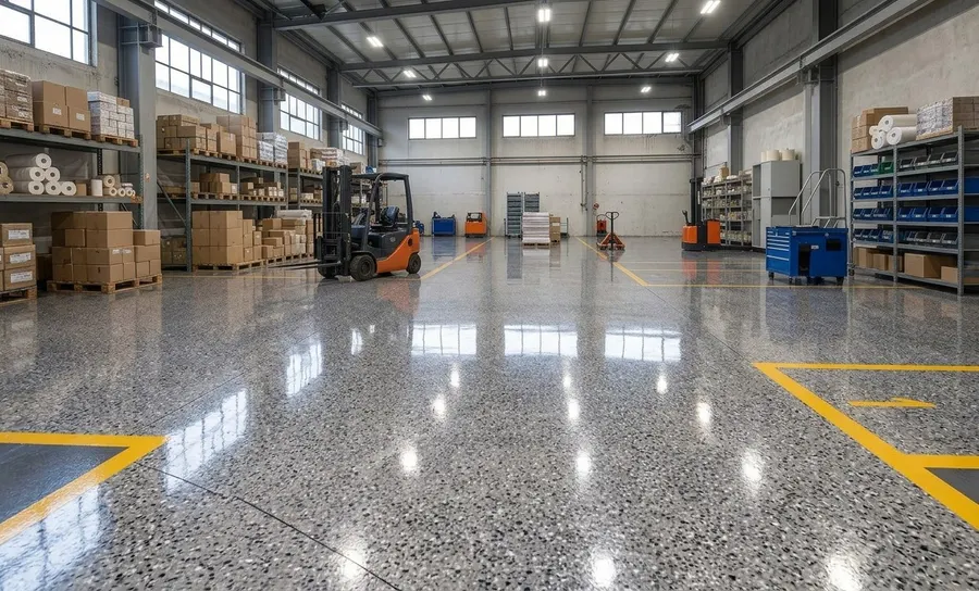 A glossy epoxy-coated warehouse floor with yellow safety markings