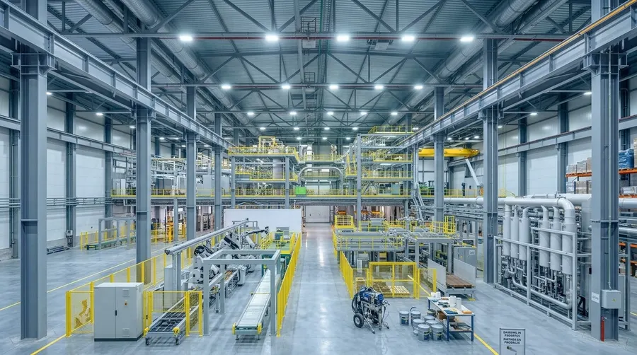 A large industrial hall with steel columns, walkways, pipework and production lines